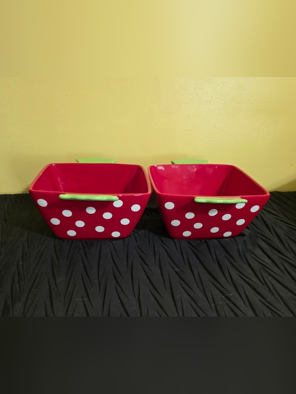 Red Polka Dot Ceramic Serving Bowl with Green Handles - Home Accents
